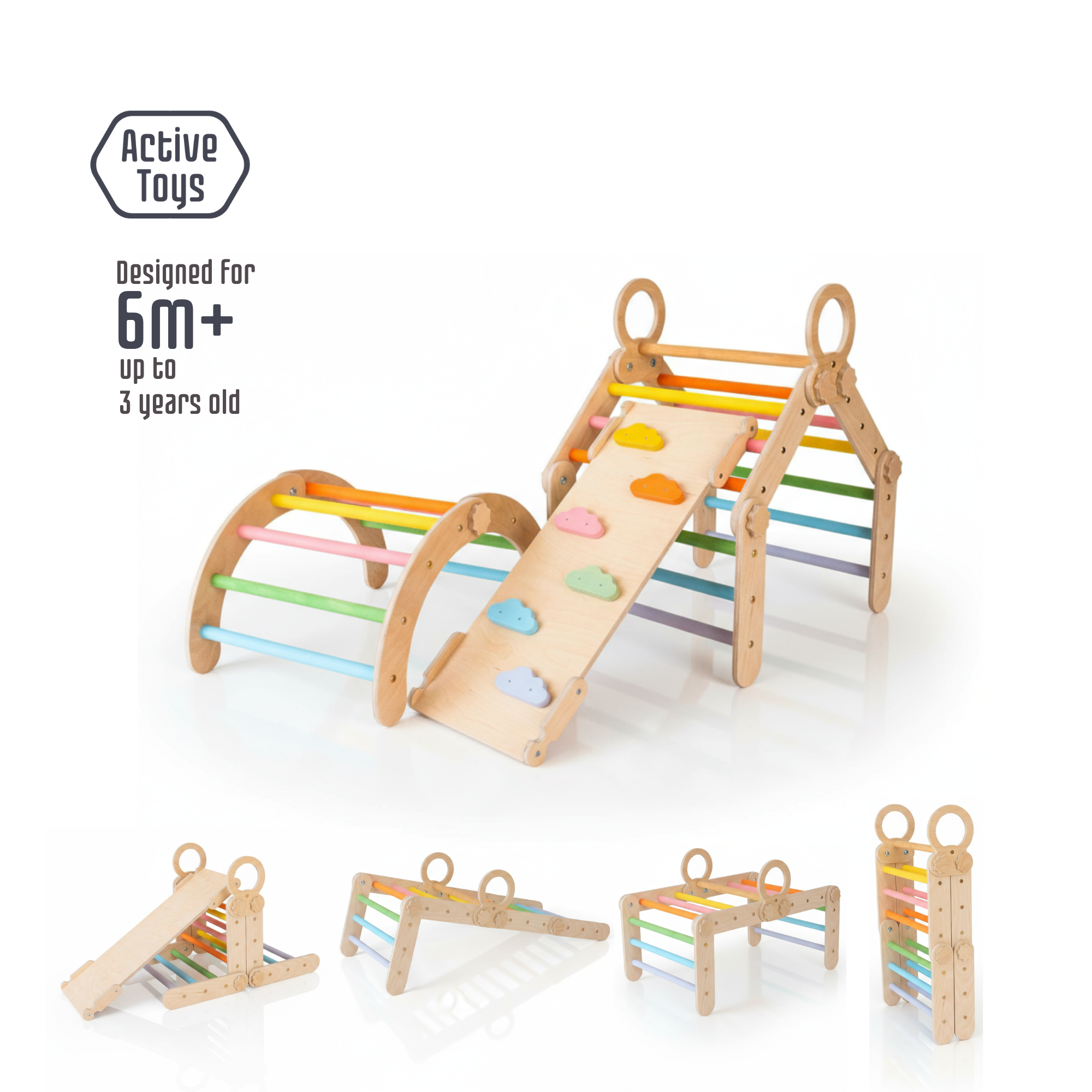 3in1 Montessori Climbing Set: Transformable Climbing Triangle, Arch, Slide Board (1–3 Years)